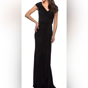 La Femme Surplice Off The Shoulder Column Gown Dress